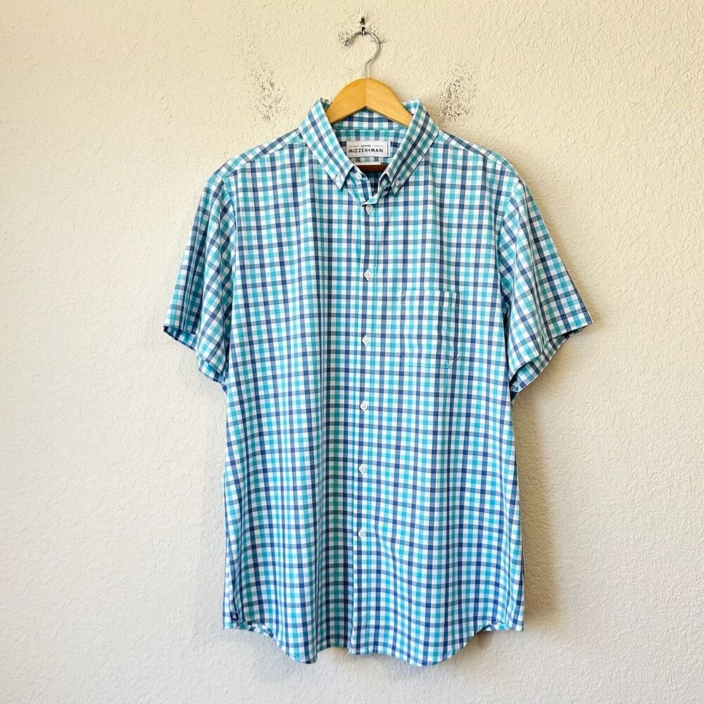 MIZZEN+MAIN Leeward Shirt Blue Plaid Trim Fit Button Down SS Stretch